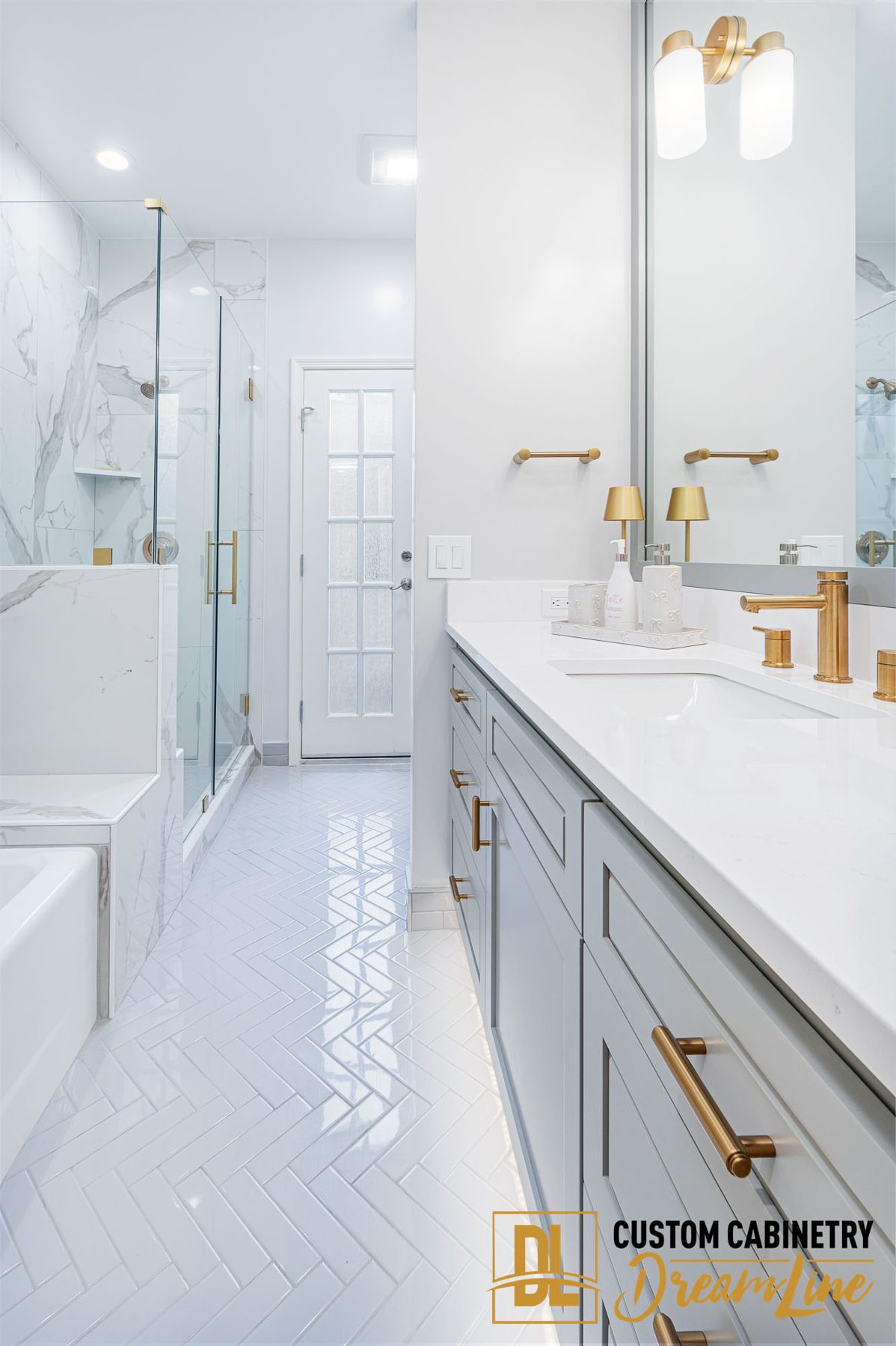 A pale gray vanity in Davis